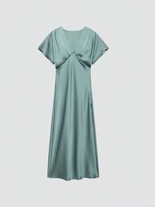 女士V领收腰修身缎面连衣裙，法式浪漫/度假风，夏季优雅 - 綠色 - 查看 3