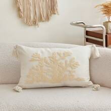 1pc Beige Coral Embroidery Cushion Cover - Linen Fabric With Tassels On Four Corners, Suitable For Modern Country Style Interior Decor, Sofa Throw Pillow Case/Cushion Cover, Daily Use & All-Season Decor, Insert Not Included