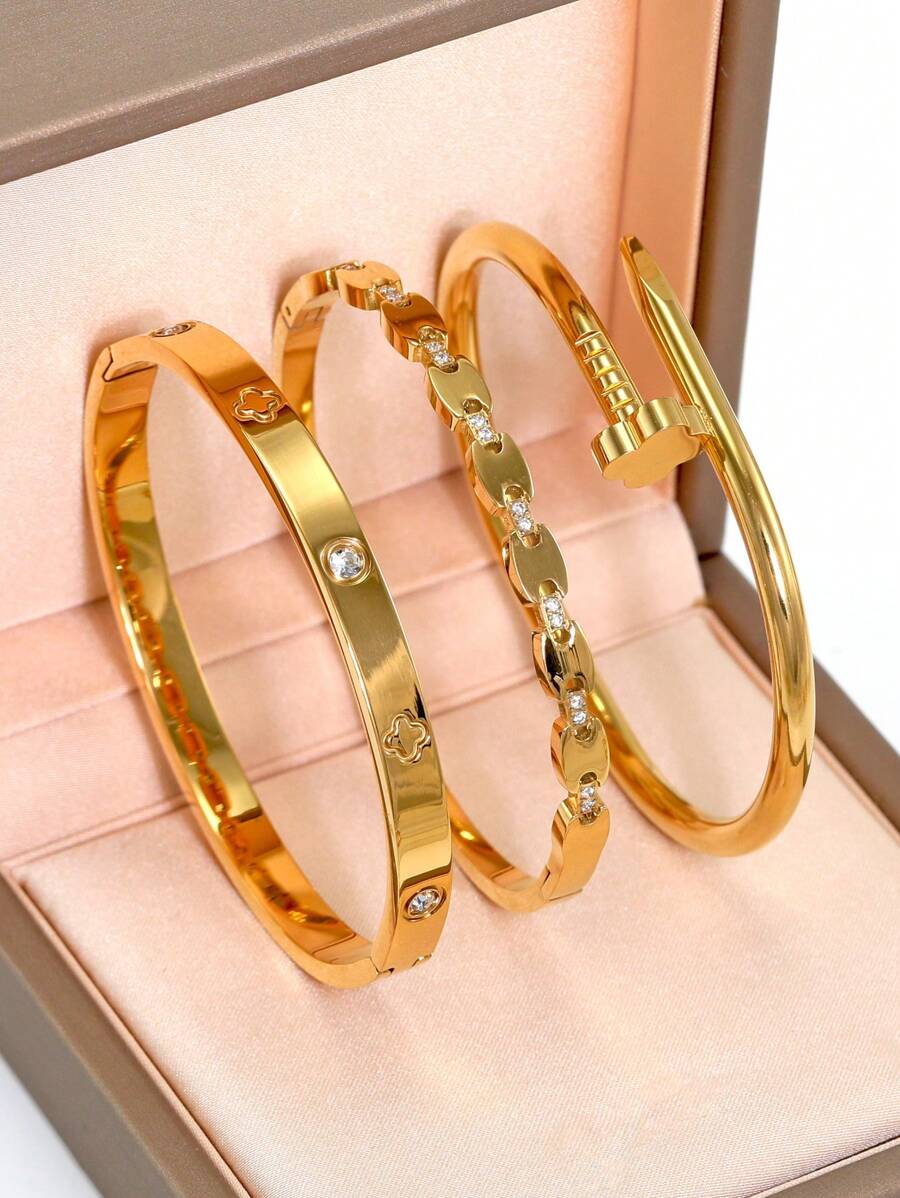 Fashionable 18K Gold Plated 316L Stainless Steel Pig Nose Four-Leaf Clover Bracelet, Suitable For Women's Daily Wear, European And American Classic Popular Style, Inlaid With Cubic , Generous And Personalized Luxury Wrist Jewelry, Wedding Jewelry Set, For Girls, Women, Moms, Relatives, Friends, Beautiful Wedding, Birthday, Mother's Day, Valentine's Day Gifts For Girlfriend