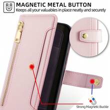 Compatible With Rakuten, Kyocera New Crossbody Fashion Model PU Material, Multifunctional Large Capacity, 6 Card Slots + 1 Money Clip + 1 Wallet, Hardware Strong Magnetic Buckle, Same Color Wrist Strap Rope + Shoulder Strap Rope Flip Mobile Phone Case Included - Pink - View 8