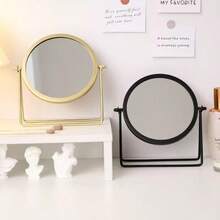 1pc Iron Makeup Mirror,Round Metal Vanity Mirror,Compact Tabletop Rotating Cosmetic Mirror For Home,Bedroom,Dorm' - Gold - View 4