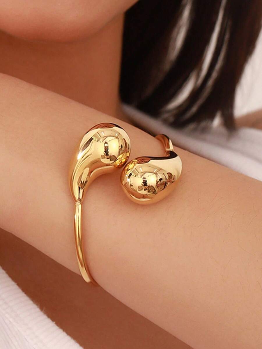 1pc 18K Gold Plated Stainless Steel Hollow Water Drop Open Bangle Bracelet, Rust-Proof, Tarnish-Resistant, Jewelry Accessory For Women Daily & Date Outfit - Water Drop Bracelet - View 1