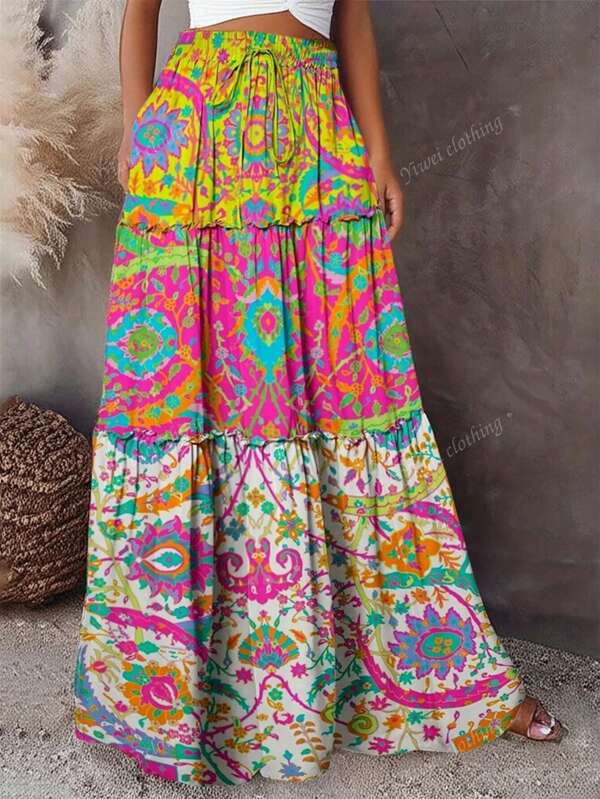 Women's Colorful Digital Print Paisley & Floral Patchwork Skirt, Polyester Fabric, Non-Stretch, Pleated Hem, Machine Washable, Ladies Casual Beachwear Vacation Skirt, Summer