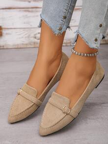 Women's Solid Color Fashion Metal Decor Pointed Toe Slip-On Flat Loafers, Casual Elegant Style, Slip-On Soft Bottom Khaki Color Flats For Daily Wear, Commute, Office In Autumn - Khaki - View 5