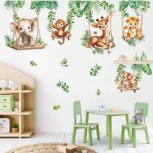 1 Set Jungle Animal Swing Wall Stickers, Lion, Elephant, Giraffe, Tropical Leaves Pattern, Suitable For Bathroom, Game Room, Bedroom And Other Home Decor - Multicolor - View 2