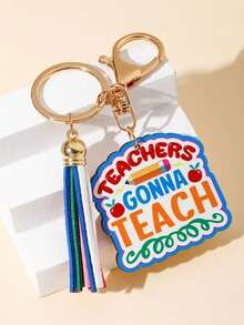 1pc Minimalist Fashionable Wooden Shield Keychain With Pencil Pattern Tassel, Creative Street Style Accessory, Unisex Backpack Charm, Single Party Souvenir Gift