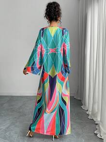 1 件女式传统阿拉伯长裙，圆领开叉 V 领宽松喇叭袖菱形印花休闲连衣裙，优雅奢华节日派对晚礼服 - 綠色 - 查看 2