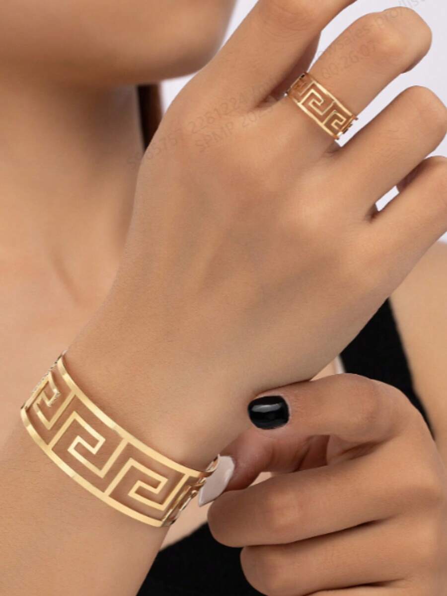 1pc Metal Fashionable Geometric Bangle And 1pc Metal Fashionable Geometric Ring - Yellow Gold - View 1