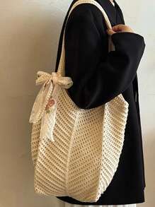 Bolso de playa de verano, bolso de mujer de malla tejida con lazo, bolso de mano con gran capacidad, bolso de compras de unicolor para vacaciones y viajes de verano. Bolso de tela de rafia tejido con lazo para mujer. Bolso de hombro grande de casual de rafia, tejido a ganchillo, bolso de compras para mujer.
