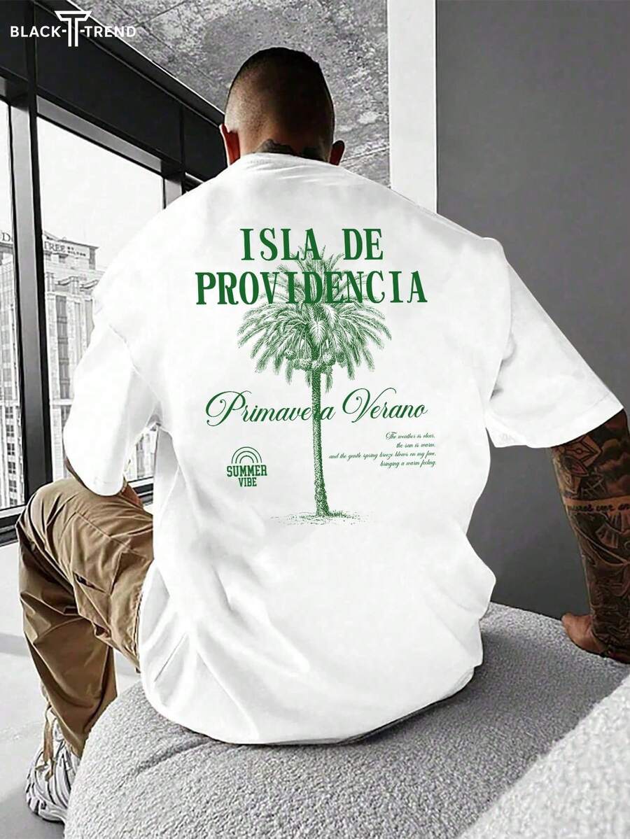 Men's New Tree Shadow Print Round Neck Casual Short Sleeve T-Shirt, Paired With Casual Pants, Suitable For Travel / Vacation / Outdoor Camping / Sports