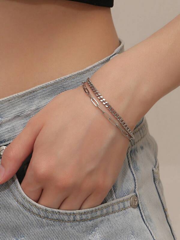 1pc Stainless Steel Double Layer Bracelet, Fade-Resistant, Suitable For Daily Wear