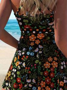 AguaCube Flower Print Top & Shorts 2 Piece Set Tankini Swimsuits, Women's Swimwear & Clothing - màu đen - Xem 5