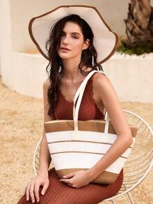 Tropiscape 草帽+草编包套装,女士彩色条纹草帽和手提包,适合夏季波西米亚风海滩度假,1顶时尚宽檐防晒帽,可折叠设计,1个带手机和储物隔层的手提包,适合户外休闲旅行和日常搭配,秋季圣诞节冬季圣诞礼物