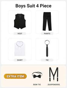Boys Formal Suit Set - Suspenders Adjustable Waist Ring Bearer - 黑色背心 - 查看 2