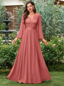 MIUSOL Đầm Maxi Dự Tiệc Tối Cổ Chữ V Sâu Đính Ren Hoa Trang Trí Viền Xếp Ly Voan, Đầm Dự Tiệc Cưới, Đầm Mùa Thu - Bụi hồng - Xem 6