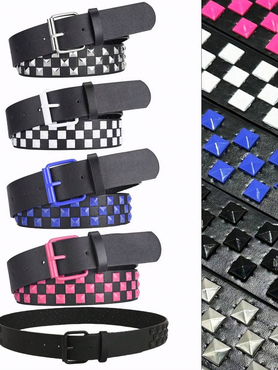 1pc Women/Men Multi-Color Square Bead Pyramid Decor Punk Style Buckle Belt, Hip Hop Casual Jeans Waistband Fall, Autumn, Halloween Autumn-Winter Accessories,Suitable For Teens, Youth,Men,Casual, Outdoor, Athletic, Vacation, Graduation Gifts, Birthday, Daily Wear