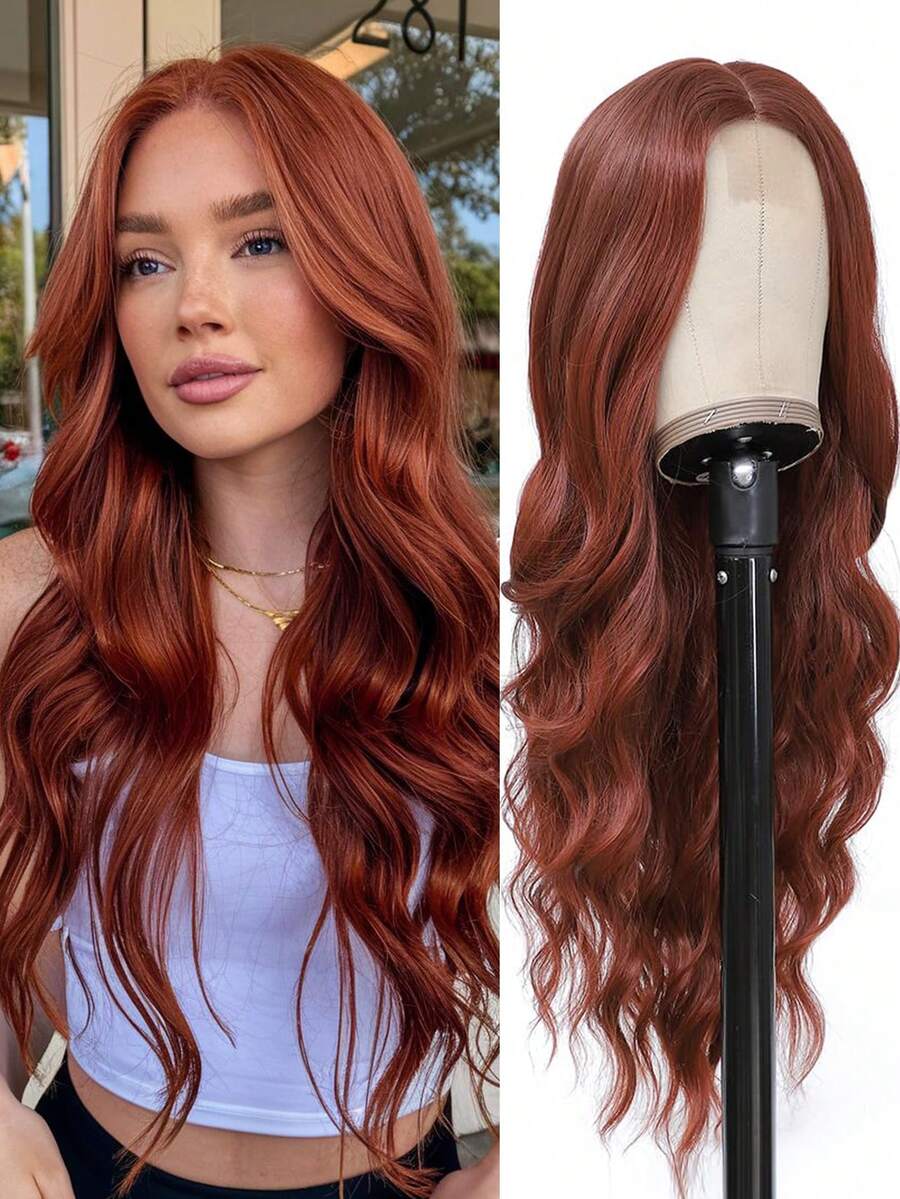 26 Inch Elegant Long Dirty Orange Curly Wavy U Part Lace Synthetic Wig For Women - Heat Resistant Fiber, Natural Middle Part, Full Volume, For Daily Wear, Party & Cospla