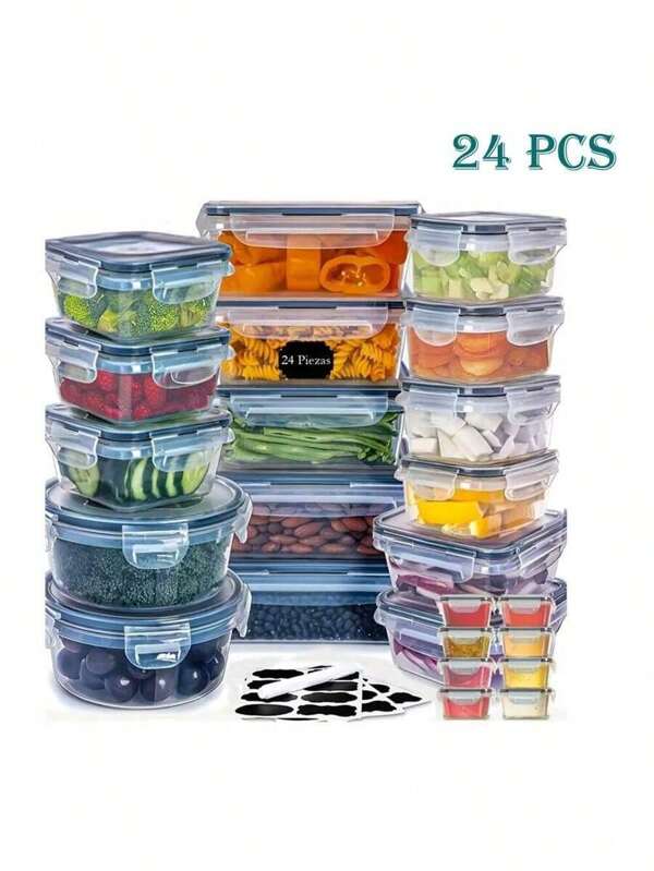 48pcs Food Storage Container Set, Fresh-Keeping Boxes, Easy-To-Secure Lids (24 Lids + 24 Containers)- Airtight Plastic Containers, Suitable For Pantry, Travel, Outdoor Picnics, Kitchen Organization, Comes With Labels And Marker