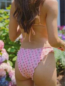 Alyweatry Women Y2K Bikinis Sets Coquette Aesthetic Bows Halter Tie Up Bikini Top High Cut Elastic Waist Bikini Bottom - 粉紅色花卉 - 查看 7