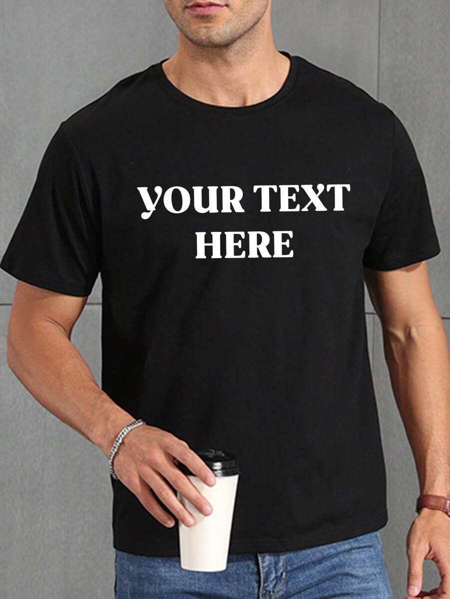 Customized Text Printing White Summer T-Shirt For Men, Personalized Text/Name/Message/Interesting Text/Blessing T-Shirt, Holiday Gift, Anniversary Gift, Music Festival, Gift For Him, Men's Loose Fit Round Neck Short Sleeve T-Shirt, Party Wear, Men's Short Sleeve Tee, Men's Summer Top, Men's Summer T-Shirt