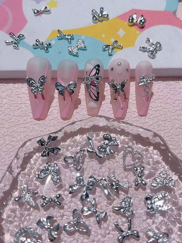 50pcs Mixed Nail Art Decorations - Electroplated Resin 3D Butterfly & Heart Bowknot Charms