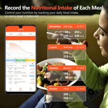 Báscula de cocina inteligente con calculadora nutricional, aplicación gratuita con seguimiento de 30 nutrientes, calorías, proteínas, peso digital en gramos y onzas para pérdida de peso, recargable, 22 libras