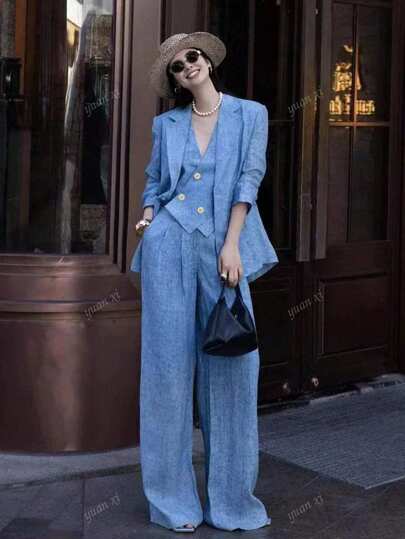 Conjunto de traje de moda de lujo azul de alta gama con chaleco elegante y pantalones de pierna ancha para mujer