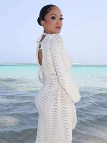 Melissa Matos Vestido Suéter de Playa con Mangas Acampanadas de Onda Calada de unicolor, Sexy