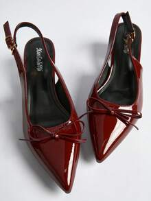 2025春夏新款女式酒红色高跟鞋，女士蝴蝶结尖头漆皮踝带包头中跟鞋，圣诞节冬季圣诞礼物
