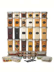 48pcs Airtight Pasta Storage Containers Set Large Plastic Canisters With Labels Marker For Flour, Sugar, Noodles And Dry Food - Pantry Cabinet Organization - Black and White - View 1