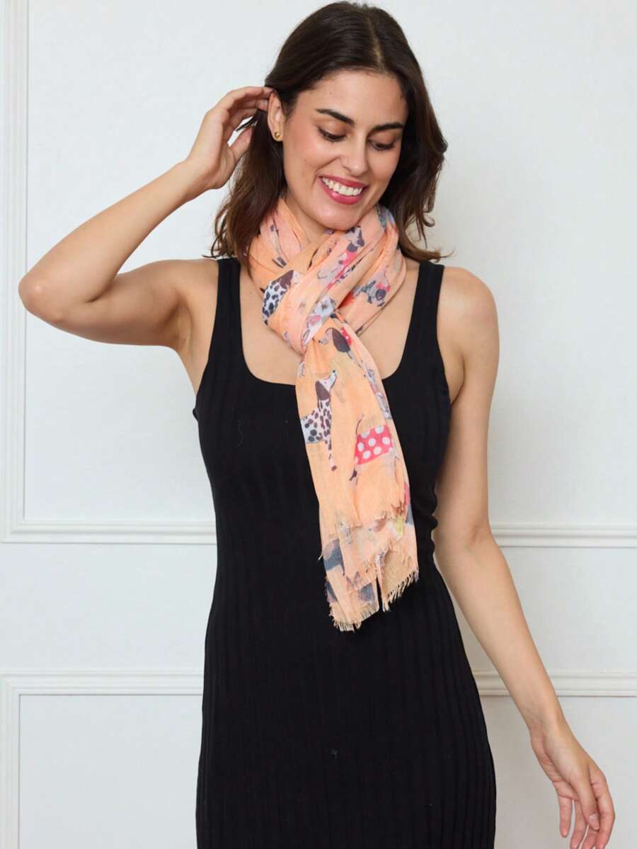 超柔软夏季围巾，印有彩色狗狗图案。尺寸：85厘米/180厘米 - 橘色 - 查看 1