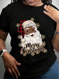 African American Christmas Pajamas Santa Claus Christmas PJ T-Shirt Is Comfortable Breathable, Soft, Slightly Stretched, Letter Patterned, Casual Short-Sleeved Top For Everyday Wear, All-Season