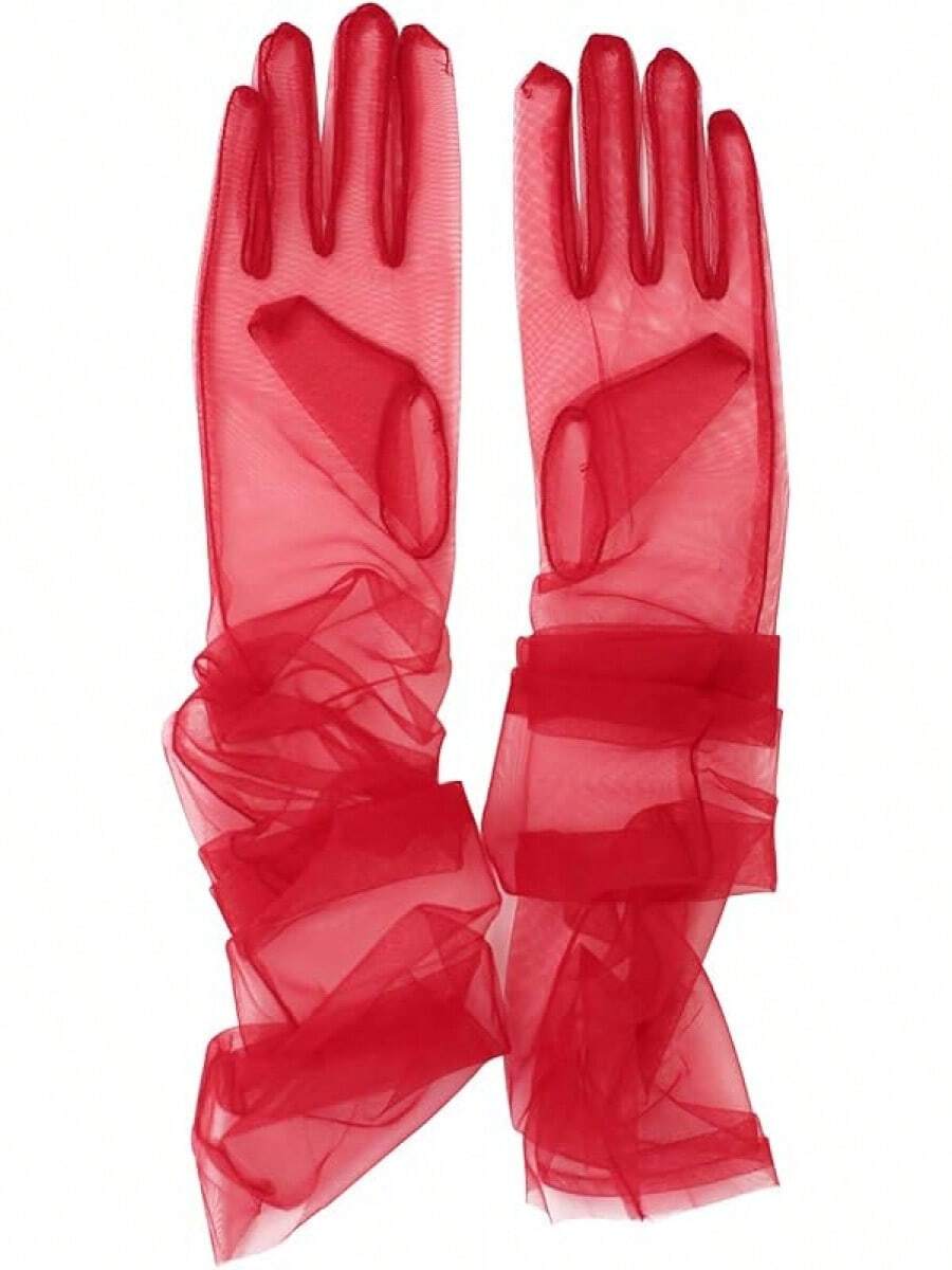 Women's Wedding Bridal Mesh Tulle Gloves Long Opera Costume Party Gloves 27" Elbow Length Sheer Gloves - Red - View 1
