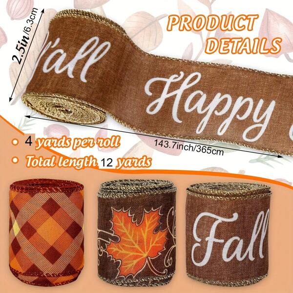 3 Rolls, 2.5inch Fall Glitter Wired Edge Ribbon Autumn Maple Leaves Plaid Ribbon Thanksgiving Fabric Ribbon For Wreath Bow Making DIY Craft Wrapping
