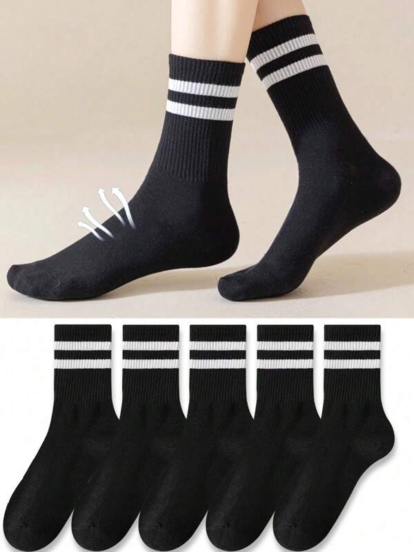 5 Pairs Women's Black Striped Mid-Calf Socks, Comfortable & Breathable For Everyday Wear