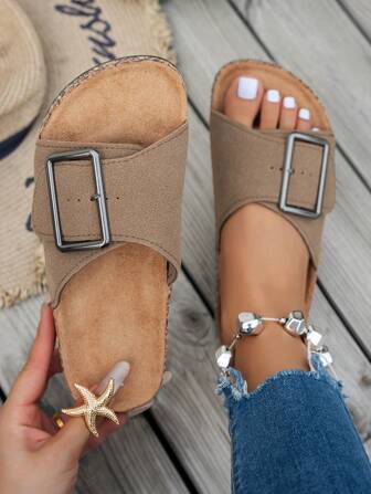 女士休闲时尚百搭平底凉鞋，带足弓支撑和可调节扣，防滑耐磨，圆头单带拖鞋