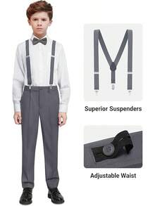 Boys Formal Suit Set - Suspenders Adjustable Waist Ring Bearer - 炭灰色背心 - 查看 5