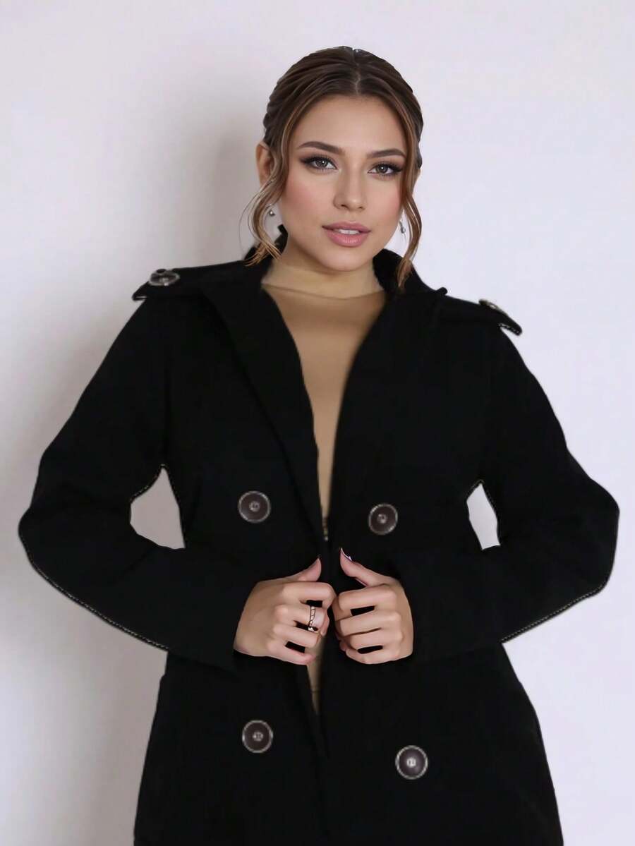 Women's Trench Coat With Button - Negro - Ver 1
