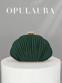OpulAura 女士优雅/奢华褶皱缎面盒形鸡尾酒手拿包、浪漫婚礼手提包、精致晚礼服钱包、简约杏色盒形包，配有可拆卸链条，适合作为节日礼物 - 墨綠色 - 查看 6