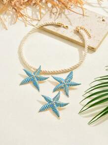 1 Set modischer vielseitiger gestreifter Rüschen Seestern Anhänger Halskette und Ohrringe, Boho Stil Schmuck Geschenk für Frauen für Urlaub/Date