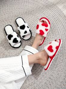 女士心形露趾拖鞋，适合所有季节的静音室内地板拖鞋，蓬松 - 黑色 - 查看 3