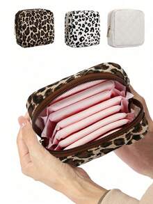 Leopard Print Zipper Sanitary Pad Organizer Bag, Large Capacity Portable Pouch To Hold Sanitary Pads, Tampons, Creative Cute Cartoon Coin Purse Also Suitable For Lipstick, Makeup Brushes, Skincare, Phone, Coins, Small Items, Multipurpose For Home, Gift, Travel, Holiday (Halloween, Christmas), Bohemian Style - Multicolor - View 5