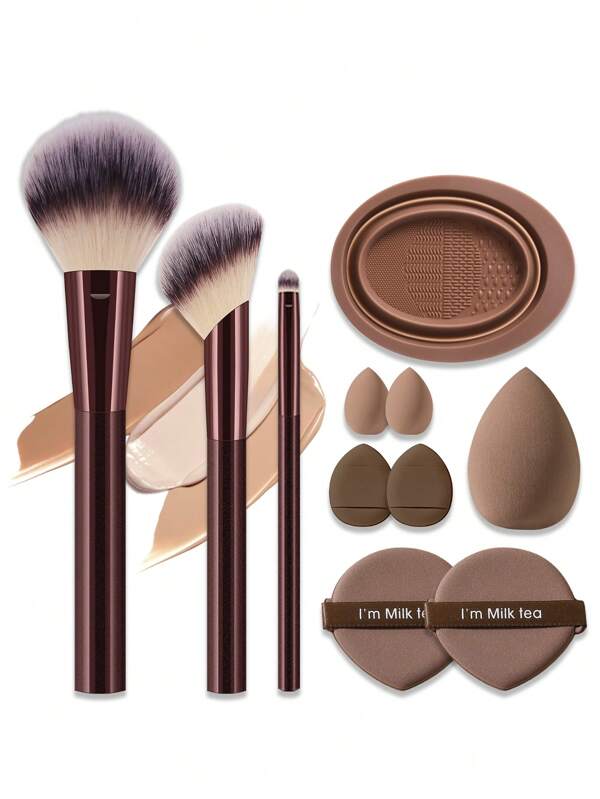 11-Piece Full Set Of Makeup Tools Includes 3 Burgundy Flat-Bottom Makeup Brushes + 1 Liquid Makeup Sponge + 2 Puff Cushions + 2 Finger Puffs + 2 Mini Sponges + 1 Brush Washer. High Cost-Performance Makeup Brush Set, Essential For Beginners, Easily Create A Refined Makeup Look!!