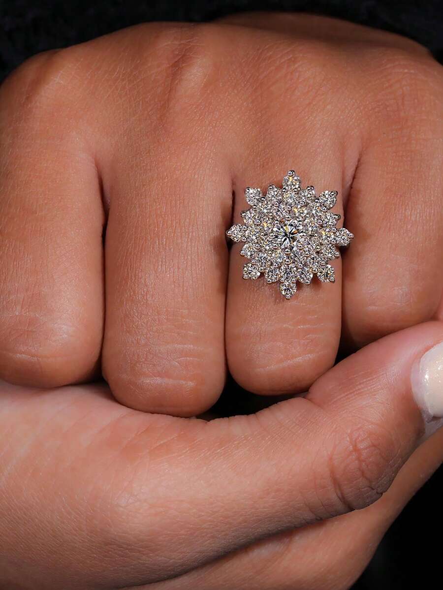 ESBERRY 1 件 S925 纯银圆形雪花戒指，镶有钻石，女士戒指，精致独特，适合舞会、聚会和派对，精美女士珠宝礼物 - 閃耀雪花戒指 - 查看 1