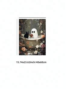 1 pezzo Fantasma nella vasca da bagno che legge con un gatto nero, opera d'arte murale per decorazione gotica da bagno, cartellone vintage senza cornice su tela per bagno/soggiorno/camera da letto gotica, regalo perfetto per Ognissanti e decorazione per feste (pittura gotica, pitture, stampe murali, stampe da parete, cartellone funky, ritorno a scuola, vacanze, spiaggia, laurea)