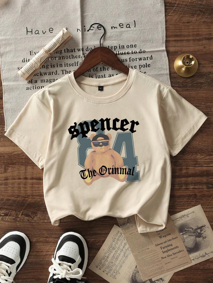 男童及青少年学生休闲米色圆领短袖印花T恤、夏季上衣