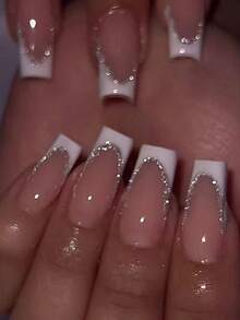 24Pcs/Set Long Coffin White French Tip Press On Nails Tips Chic Minimalist Style - Reusable Design Fake Nail,Contain 1pc Jelly Glue And 1pc Nail File, Acrylic Fake Nails For Women And Girls, Daily Life And Party Use - Hồng - Xem 1