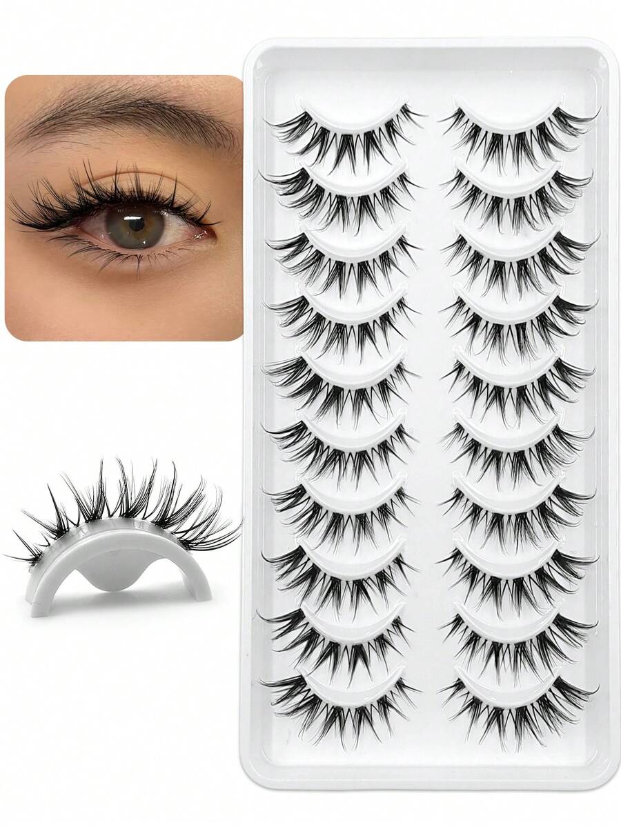 Asiteo 10 Pairs Cartoon Style Transparent Band Natural Look False Eyelashes, Daily Party Makeup, Cartoon Character Cosplay Delicate False Eyelashes, Strip Eyelashes, Eyelashes, False Eyelashes, False Lashes - Black - View 1