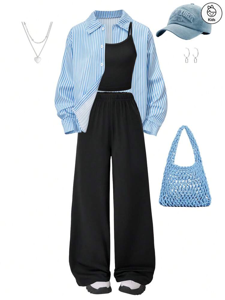 Conjunto de 3 piezas con camisa de manga larga, top y pantalón de chándal de moda y casual, diseñado para niñas, creando un ambiente de vacaciones elegante y cómodo, adecuado para el uso diario en primavera, verano y otoño - Azul - Añade 3