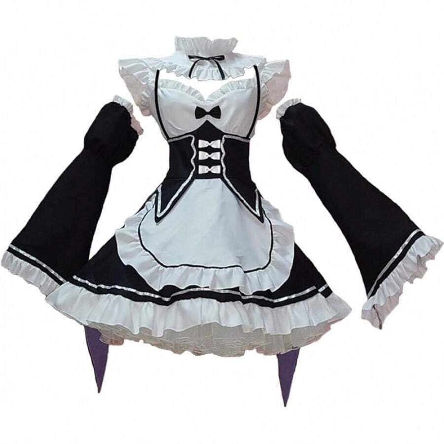 Anime Maid Dress For Women, Lolita Cosplay Costume With Socks & Headwear, Cute Valentine's Day Outfit - 黑色 - 查看 1